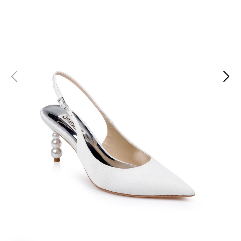 Badgley Mischka Beatrix Pointed-Toe Slingback Heels with Pearl-Beaded Heel